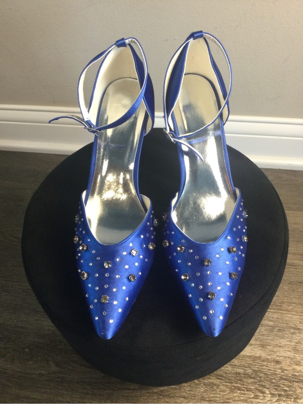 Satin Royal Blue Pointed Toe Ankle-Strap Heels with Crystal Accents
